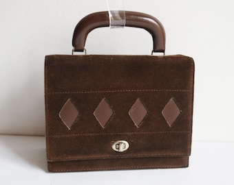 Braun 60er Jahre Vtg. Wildleder Top Griff Tasche mit Fronteinsätzen