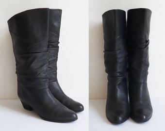 Black 80s Vtg. Leather Boots With Draped Schaft // Gabor // Leather Lined // Size 37 // Made In Germany