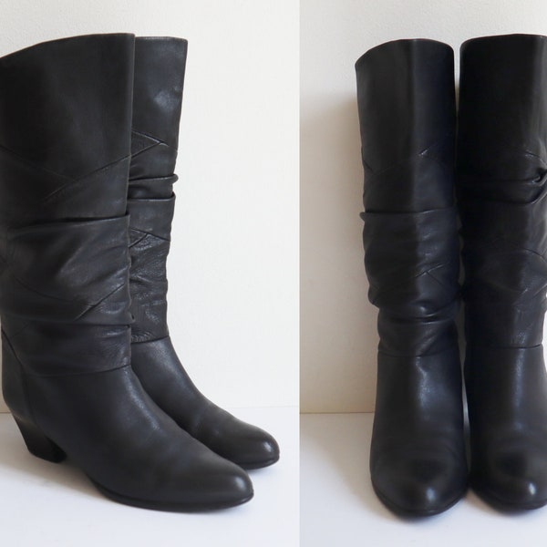 Black 80s Vtg. Leather Boots With Draped Schaft // Gabor // Leather Lined // Size 37 // Made In Germany