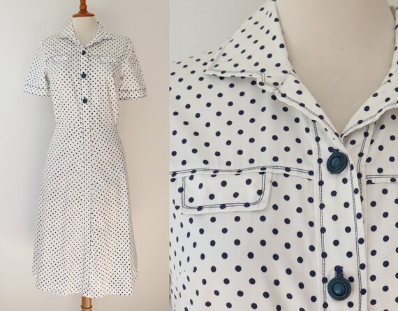 White 80s Vtg. Shirtdress With Blue Polka Dots