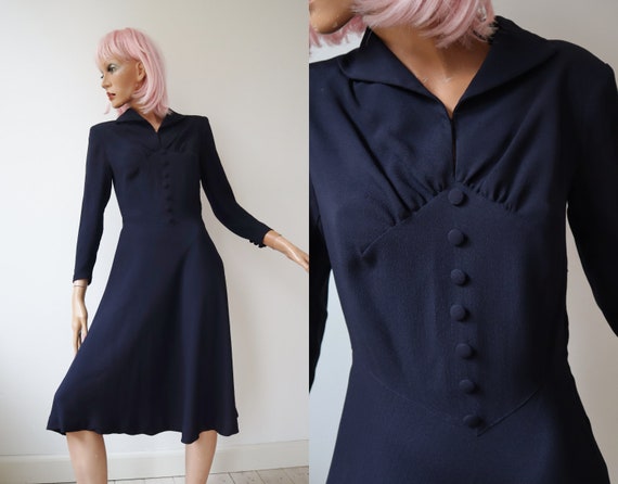 Blue 40s Vtg. Crepe Dress// Size S