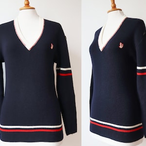 70s Blue V-Neck Sweater With Red White Stripes // Men size 50 // 100% Pure New Wool // Unisex