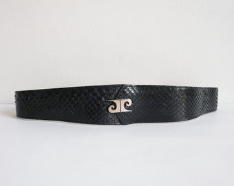 Schwarz 70s80s Vtg. Schlangenhaut Gürtel mit Silber Metal