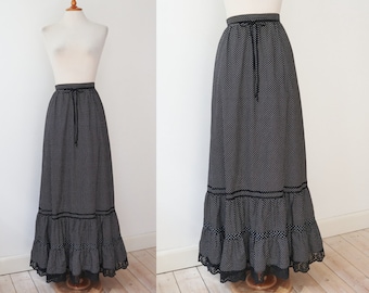 Black 70s Vtg. Maxi Skirt With White Polka Dot Print & Floral Ribbon // Hermann Lange // High Waisted Maxi // Cotton // Size 40