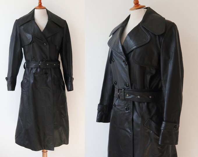 Black 70s80s Vintage Leather Trench Coat With Big Collar // Belted ...