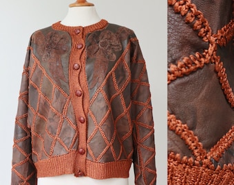 Braune 80er Jahre Leder/Strickjacke mit Patchworkerprint // Batwings // Hand Made