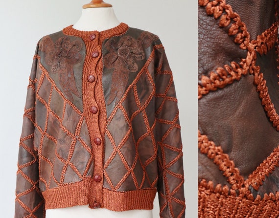 Brown 80s Leather/Knit Patch Work Cardigan //Batw… - image 1