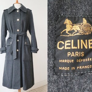 Gray 80s CELINE Paris Wool Coat // Belted Coat With Golden