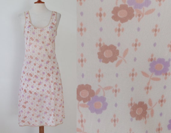 Ivory 60s Slip Dress With Purple Brown Pink Flora… - image 2