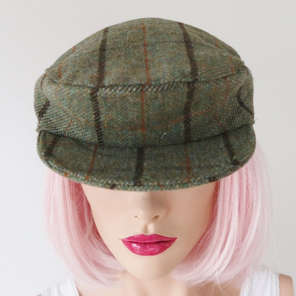 Green Deadstock Super  Tweed Cap With Orange Brown Print  // SizeXL - 58/59 // 100% Pure New Wool // Lined // Made In Scotland