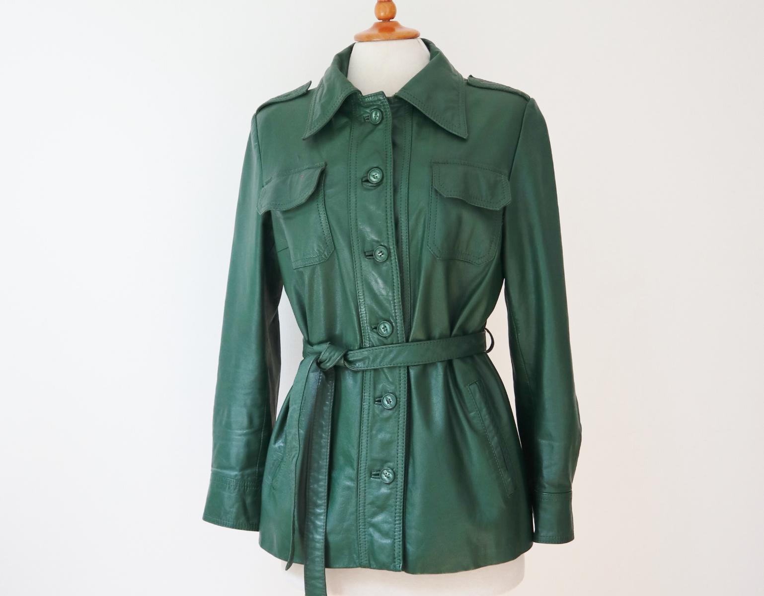 ジャケット・アウター 70s Leather Jacket Green Green Belted 70s Vtg. Leather Jacket With Front Pockets // Vinetta