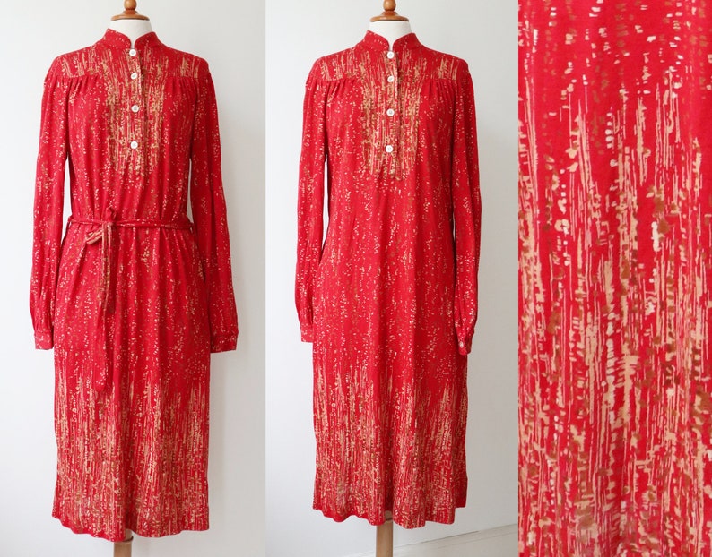 Dress Belted Belted Size M Red Beige 80s Vtg