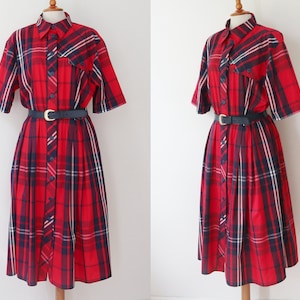 80er Jahre Karo Vtg. Shirtkleid in Rot/Blau // Durchgeknöpft // Größe EU42-UK16-US14 // Baumwolle/Polyester Gürtelkleid