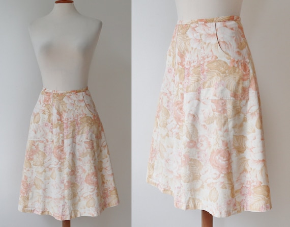 Ivory 70s Vtg.  A Line Skirt Soft Pink Beige Flow… - image 1