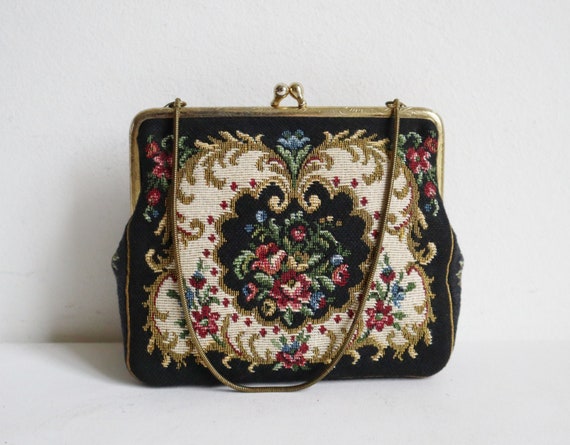 Lovely 60s Embroidered Top Handle Bag With Flowers