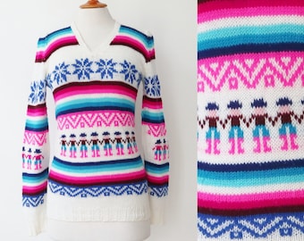 White 70s Knit V-Neck Sweater With Colorful Pattern // Unisex Knit Wear // Size S