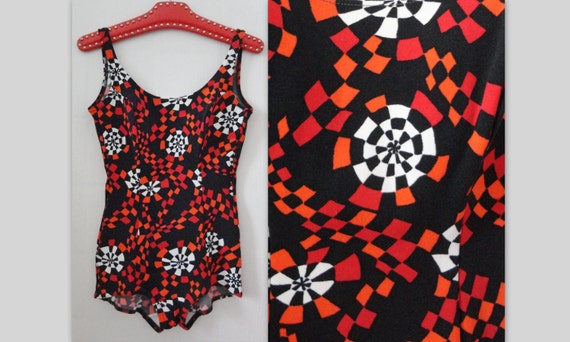 70s Vintage Swimsuit // Mermaid // Red Black Whit… - image 1
