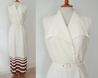 60s Ivory Maxi Dress With Brown Stripes/Slits/Big Collar/Belt // Alf Damgaard // Size 40 // Made In Denmark