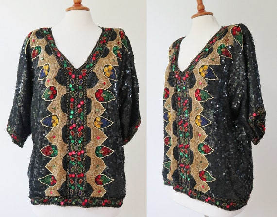 Black  80s Vtg. Top With Red Green Yellow Blue An… - image 2