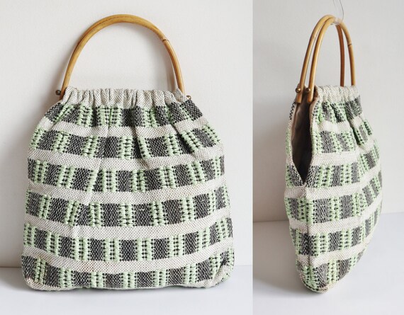 Ivory Green Black Gray 50s60s Vintage Bag With Gr… - image 5