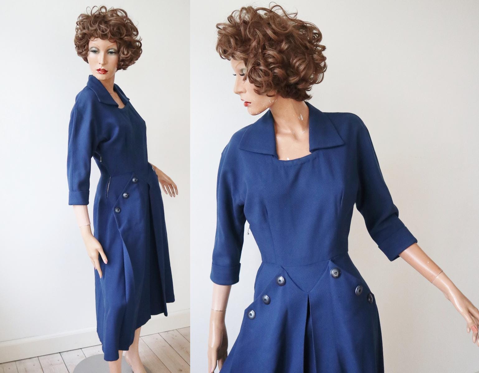 Lovely Blue 40s Dress With Front Buttons // 3/4 Sleeves // XS/S // Handmade  - Etsy Israel