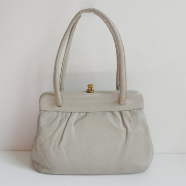 Light Gray 60s Vintage Leather Top Handle Bag // Boxca // Made In Denmark