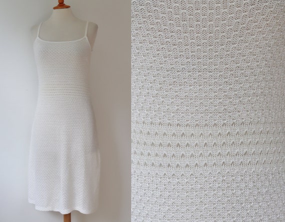 White Vtg. Knitted Strap Dress // Semi Sheer Dress