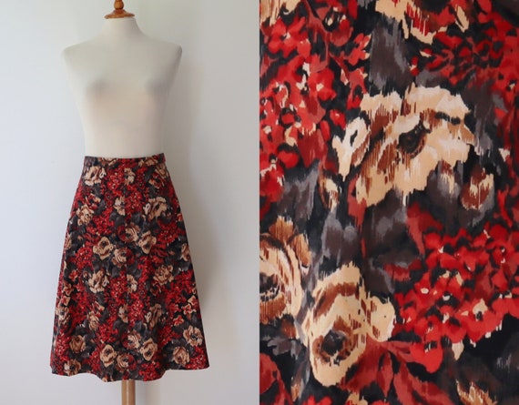 Handmade A Line Skirt With Red Gray Brown Flowers