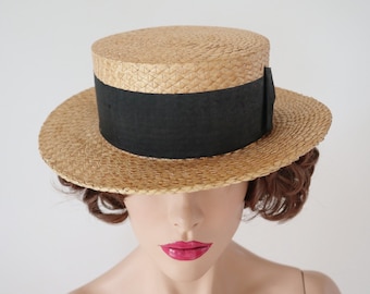 Antique 1910-1920 Summer Straw Boater Hat With Black Hatband // Unisex // Made In England