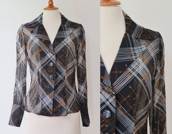 Black Sheer 70s Vintage Blouse // White Ocker Prin