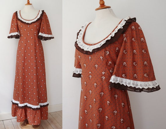 Brown 70s Vtg. Maxi Dress With White Floral Print… - image 1