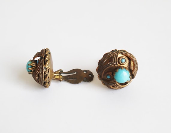 Boucles D'oreilles Vintage Clips Années 70/80 - Imitation émeraude, Doré, Occasion