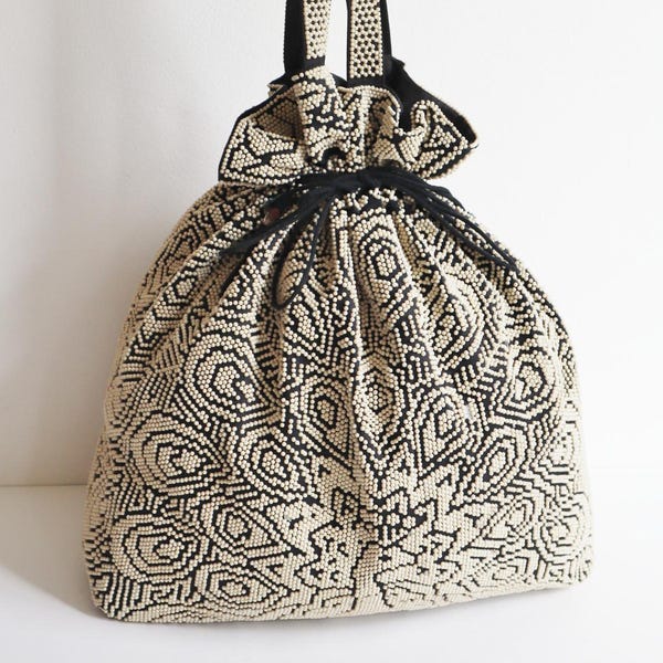 ON HOLD // Black Vtg. Tote Bag With Ivory Beads // Top Handle Bag