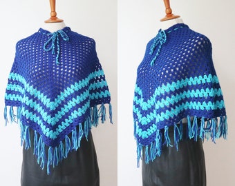 2 Toned Blue 60s Chrocheted Vtg. Poncho With Fringes & Tie Band