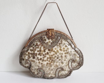 Ivoire années 30-40 Vtg. Sac avec perles/paillettes argentées // Sac de fête // Sac végétalien // Fermeture dorée // Fabriqué à la main en Belgique