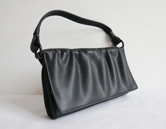 Black 50s Vintage Shoulder Bag With Drapes // Veg… - image 1