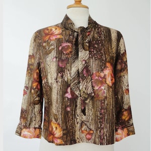 Lovely Brown 50s Vintage Blouse With Salmon Colored Roses And Tie Band