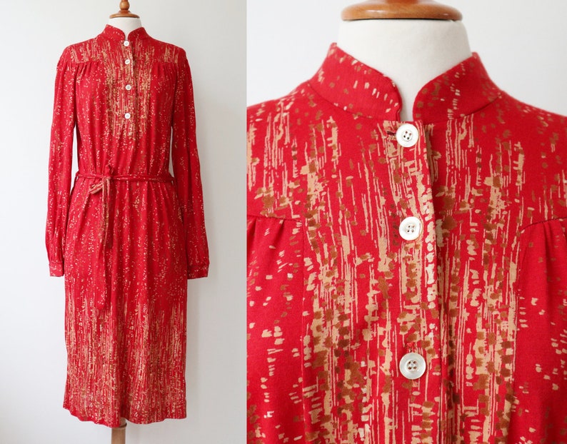 Dress Belted Belted Size M Red Beige 80s Vtg
