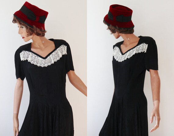 Black 40s Vintage Maxi Dress With White Lace Bows… - image 7