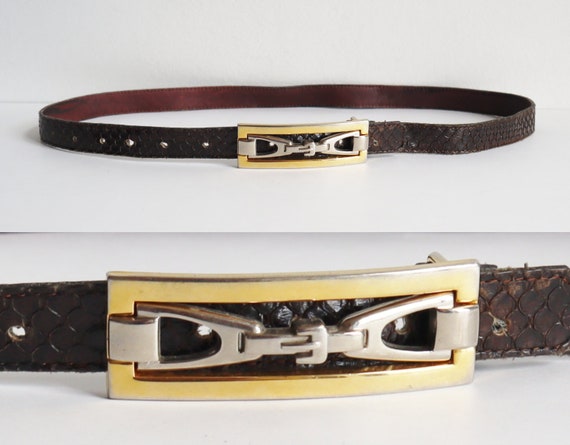 Brown 80s Vtg. Snake Skin Belt With Golden & Silv… - image 1