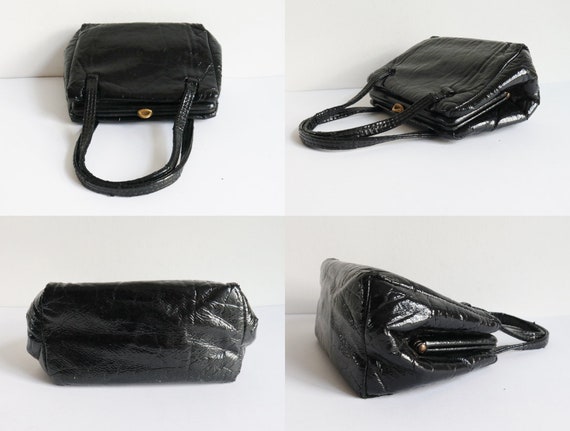 Black 60s Vintage Top Handle Vinyl Bag  // Golden… - image 5