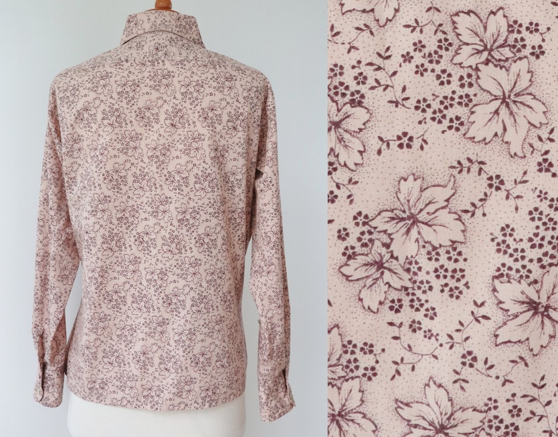 Pale PinkBrown 70s Vintage Lady Shirt With Leaves Big Collar Made In Denmark