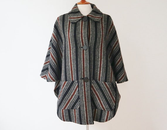 Woved Striped Pure Wool Cape/Jacket In Brown Black Gray White // Buttoned Welsh Wollens // Size M // Made In Wales