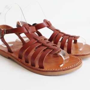 Braun DEADSTOCK Vtg. Ledersandalen // Nikos Schuhe // Leder // Größe 38 // Made In Griechenland