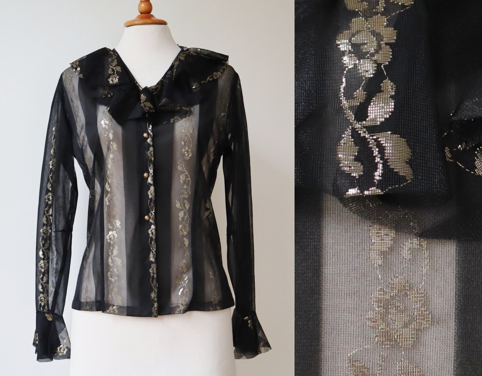 Black Gold 70s Sheer Vtg. Frill Blouse With Stripes