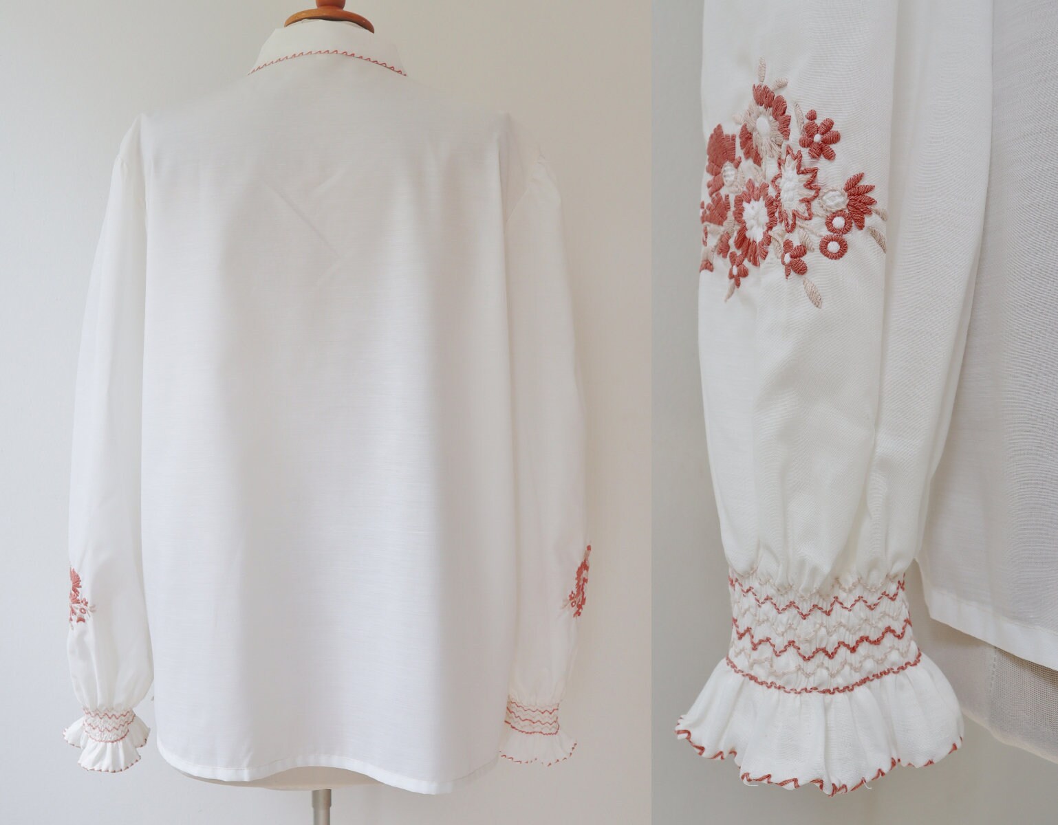 White Vintage Blouse With Embroidery in Pink/white/beige