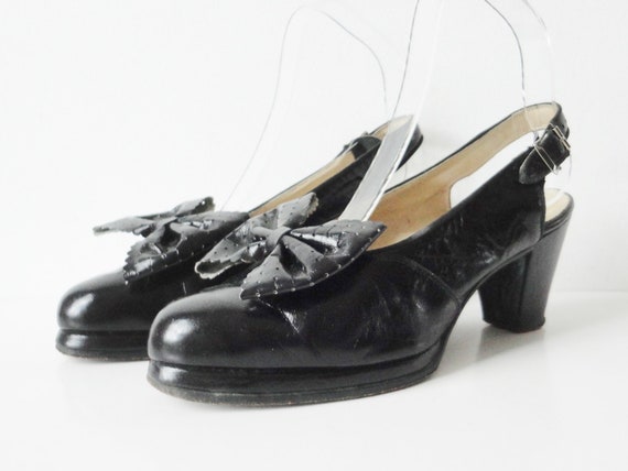 40s Black Platform Leather Shoes With Big Bow // A