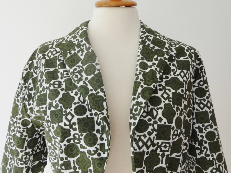 White 50s Vintage Cropped Bolero Jacket Green Print Gorri Model Size ML