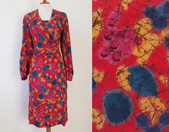 Color Splash Printed 80s Vintage Dress With Drape… - image 1