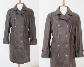 Brown 90s Vintage Leather Coat // Thermo Lining // Women THICK Leather // Size M